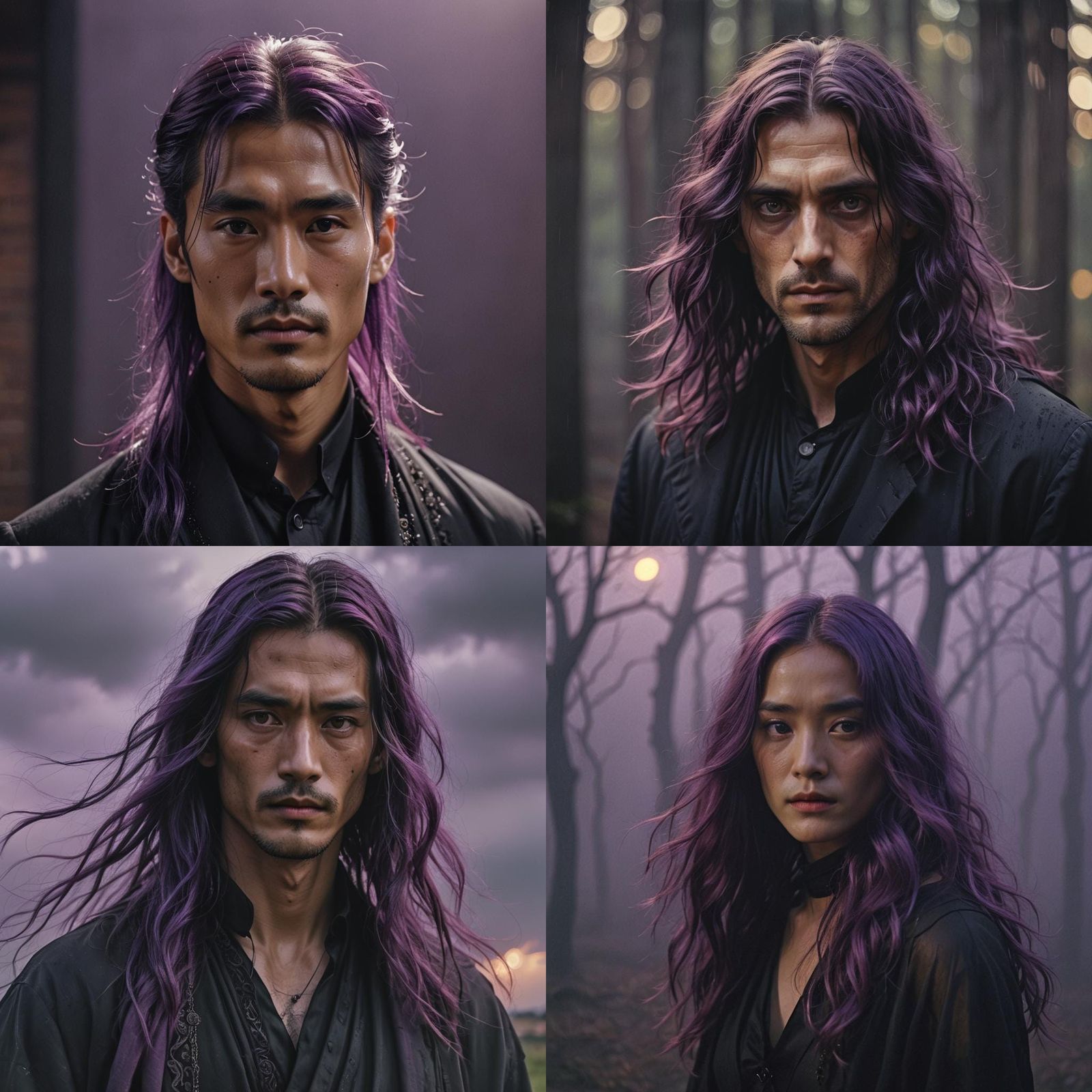 Violet-Haired Man in Sheer Attire: Cinematic Portrait