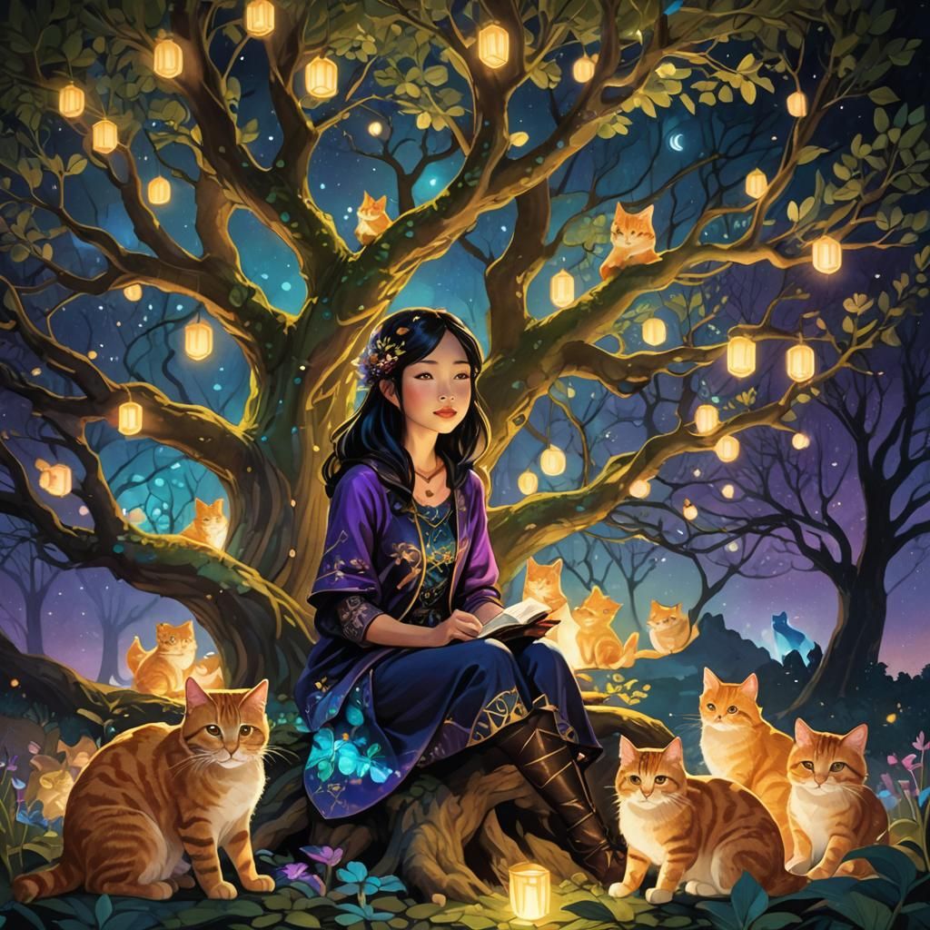 Fantasy Art: Judy Ling and Cats Under Glowing Tree