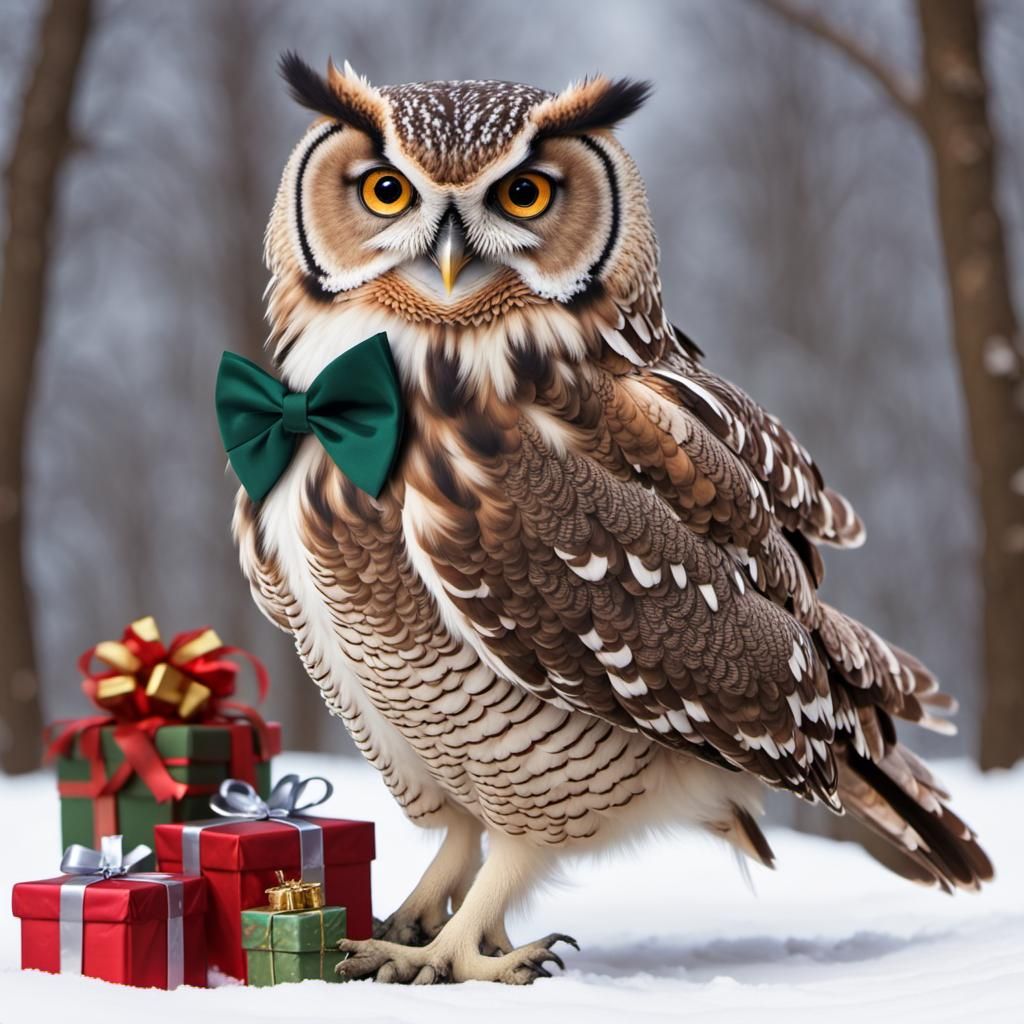 Festive Owls Celebrating Christmas in High Detail