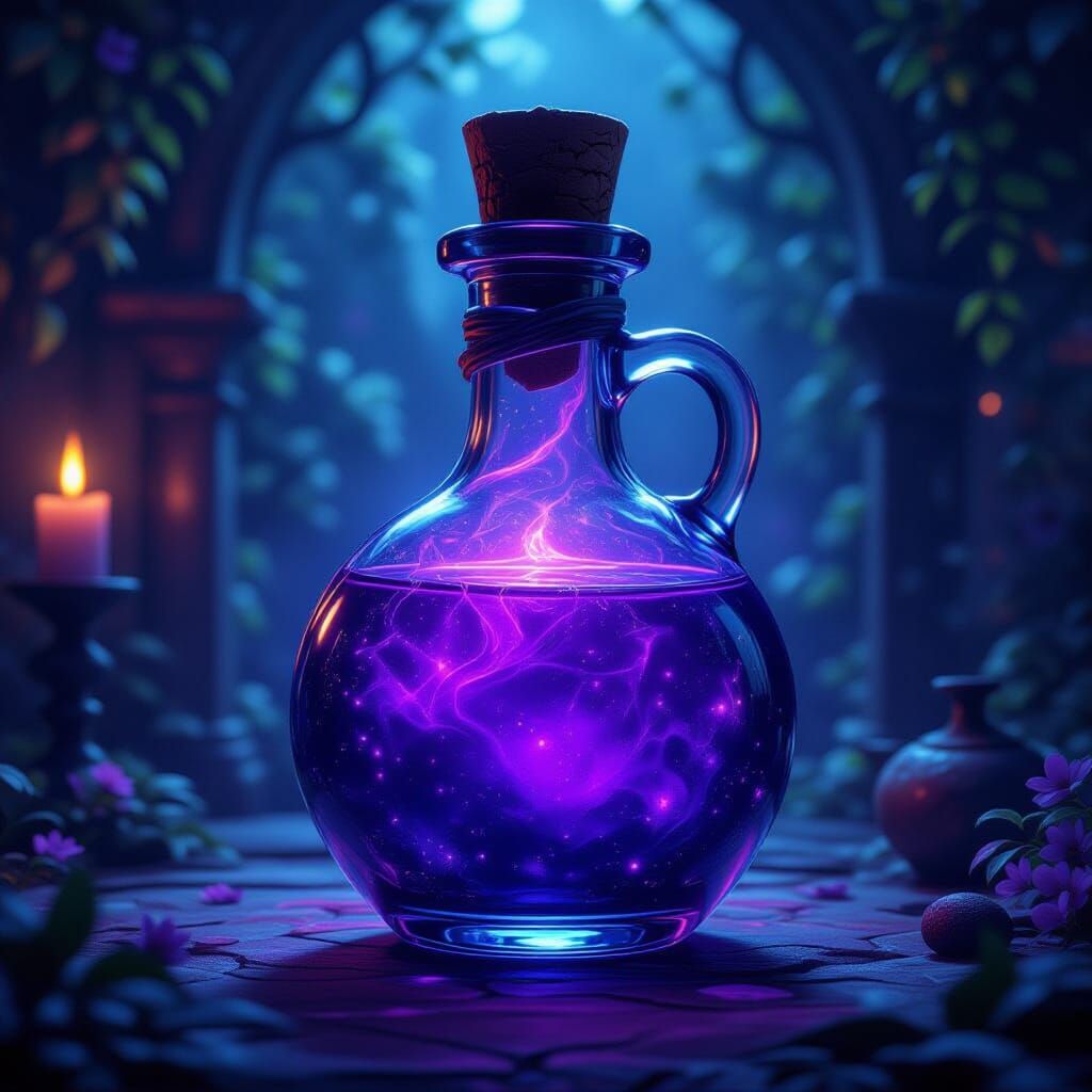 Fantasy Potion Bottle With Bioluminescent Violet Glow