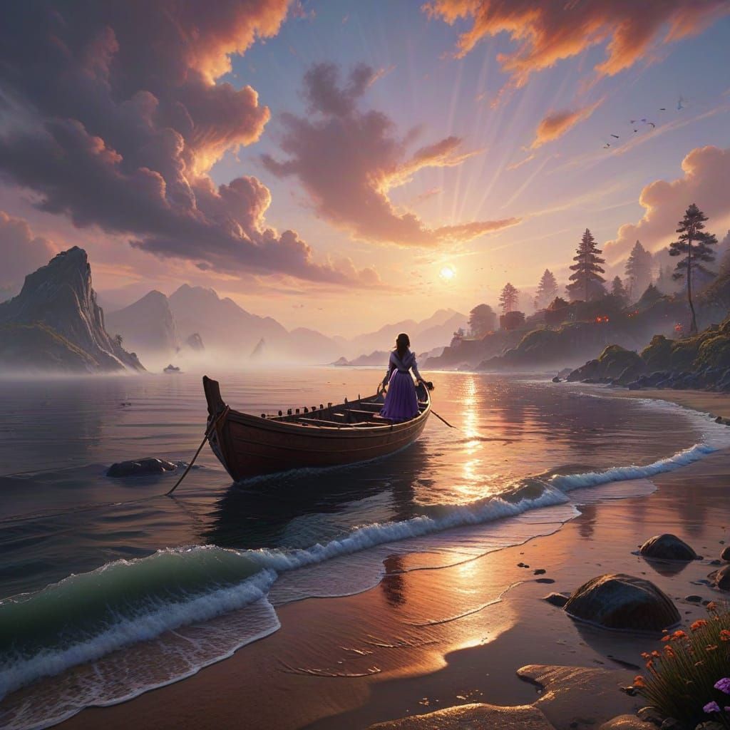 Woman by Ocean at Sunset in Hyperrealistic 3D Style