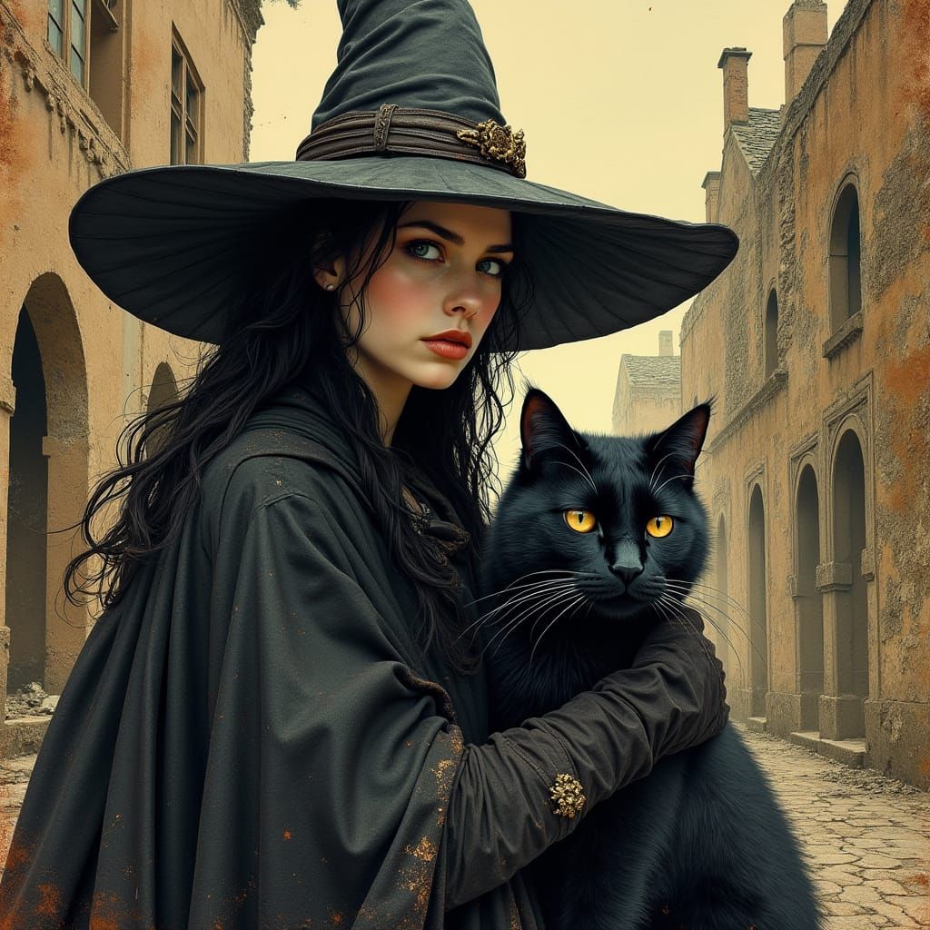 Witch and Black Cat Portrait on Tea-Stained Parchment