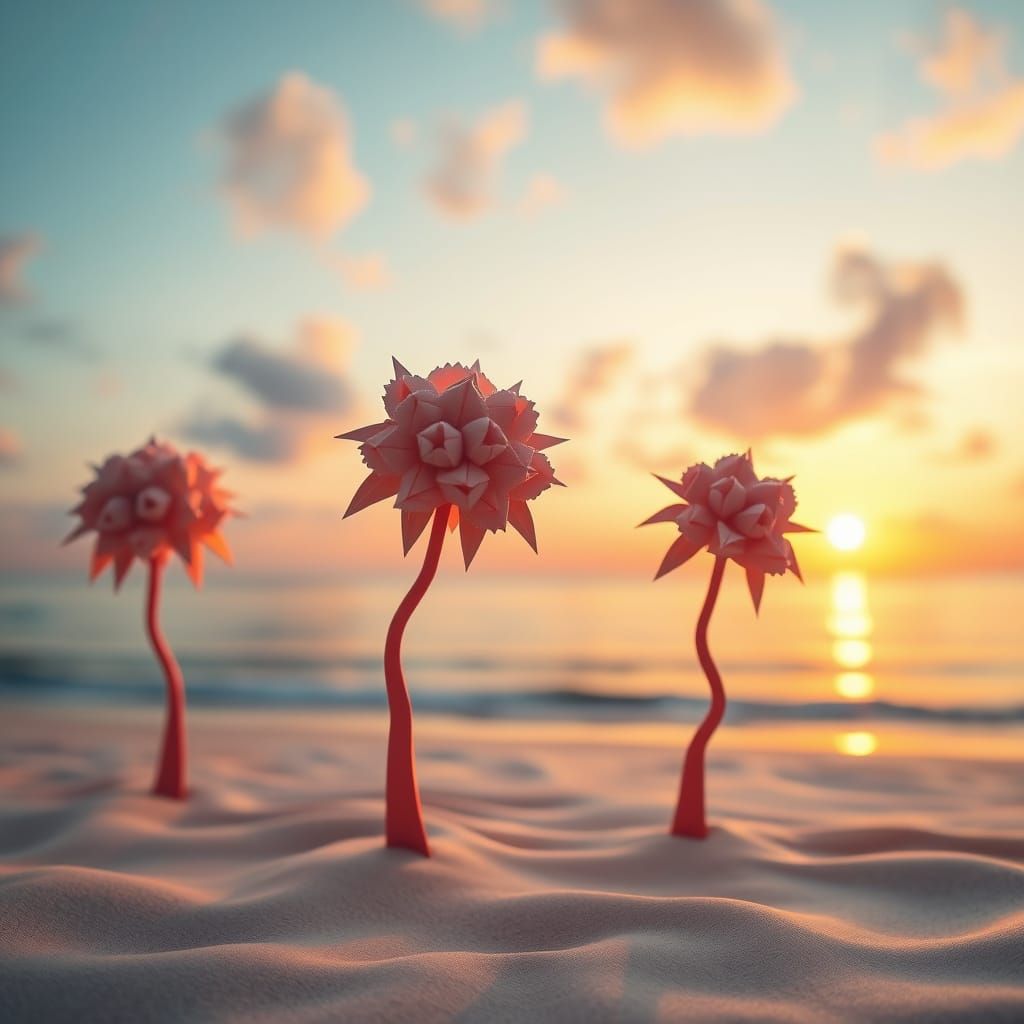 Beach Sunset with Origami Trees in Papercraft Style