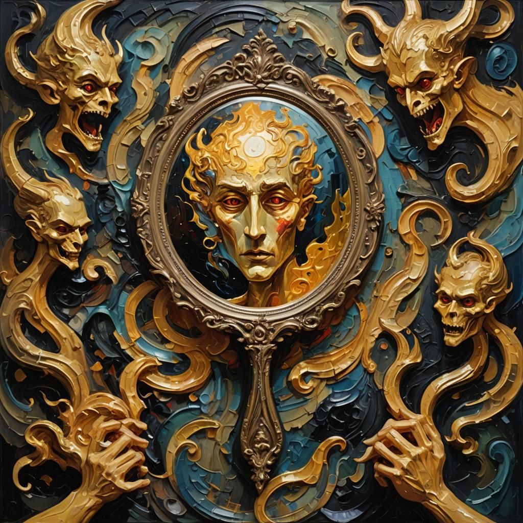 Ornate Mirror Surrounded by Demons as Impasto Painting