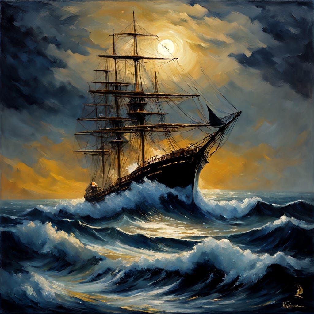 Majestic Ship Sailing Under Moonlight in Oil Painting Style