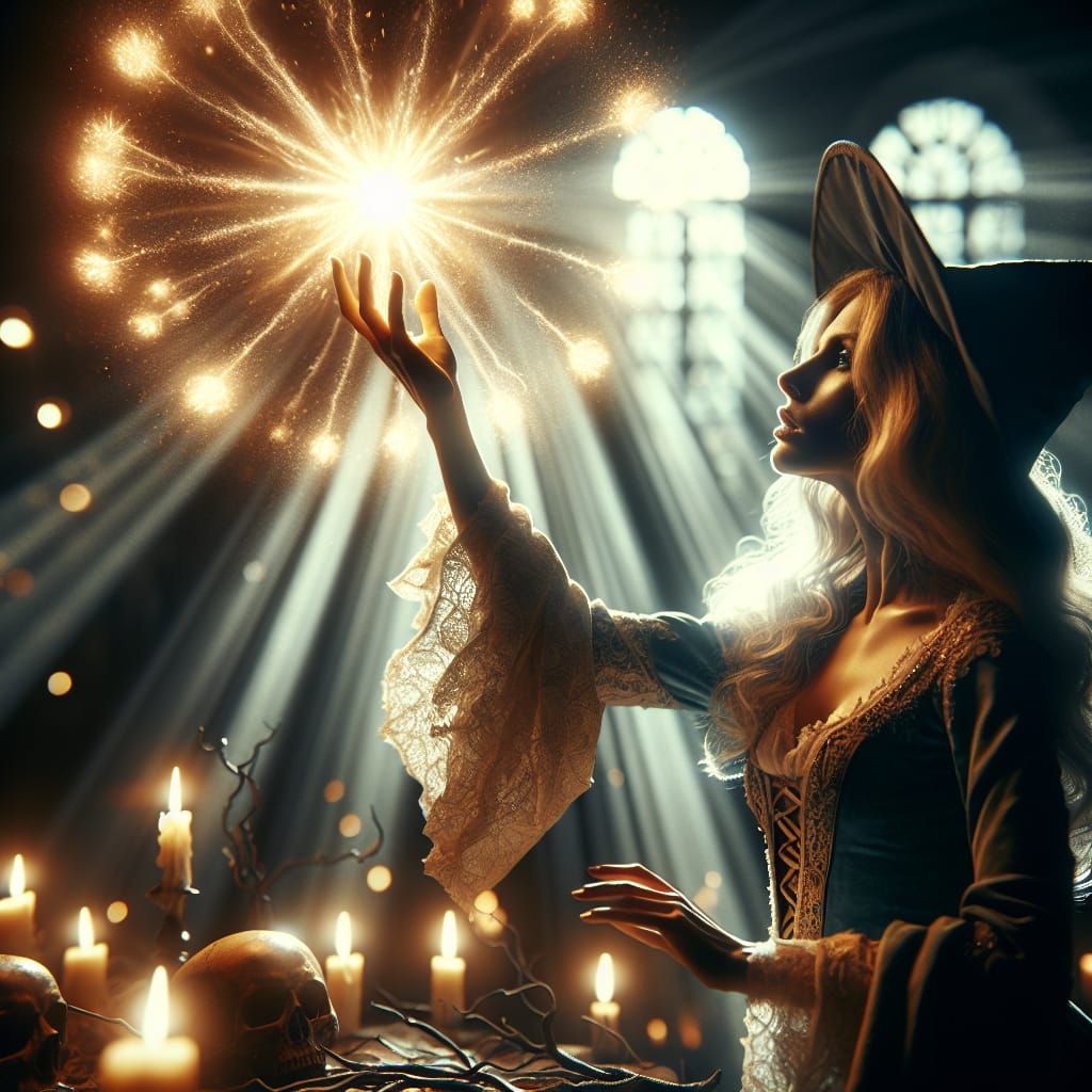 Caucasian Witch Casting Illuminating Spell