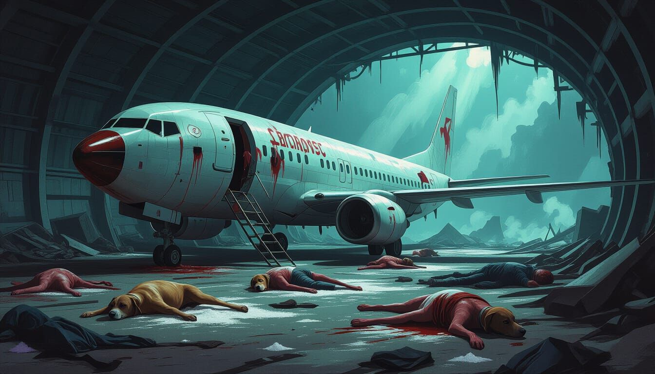 Eerie Airplane Shelter with Mangled Bodies: Concept Art
