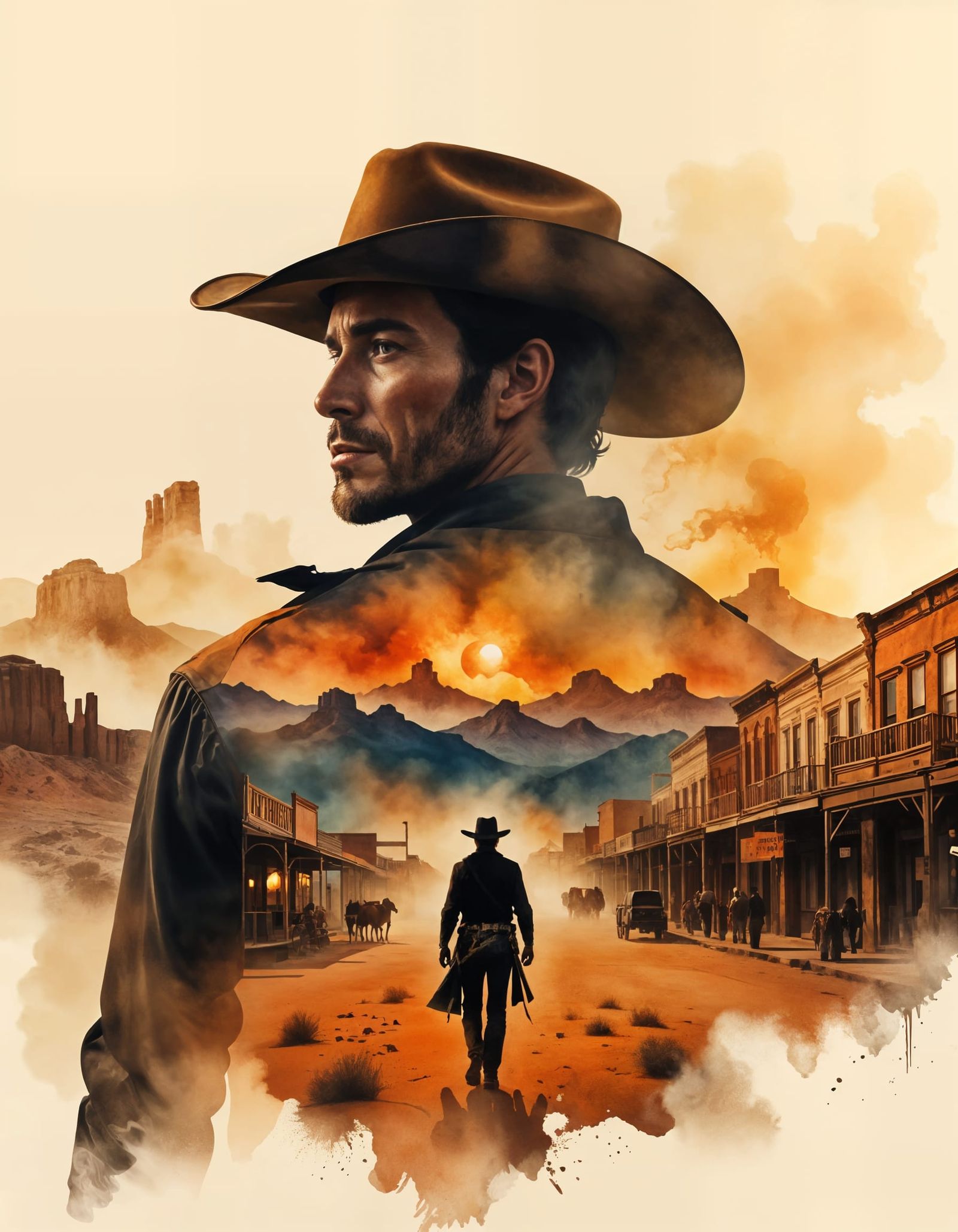 Cowboy Double Exposure Artwork with Wild West Desert Landsca...