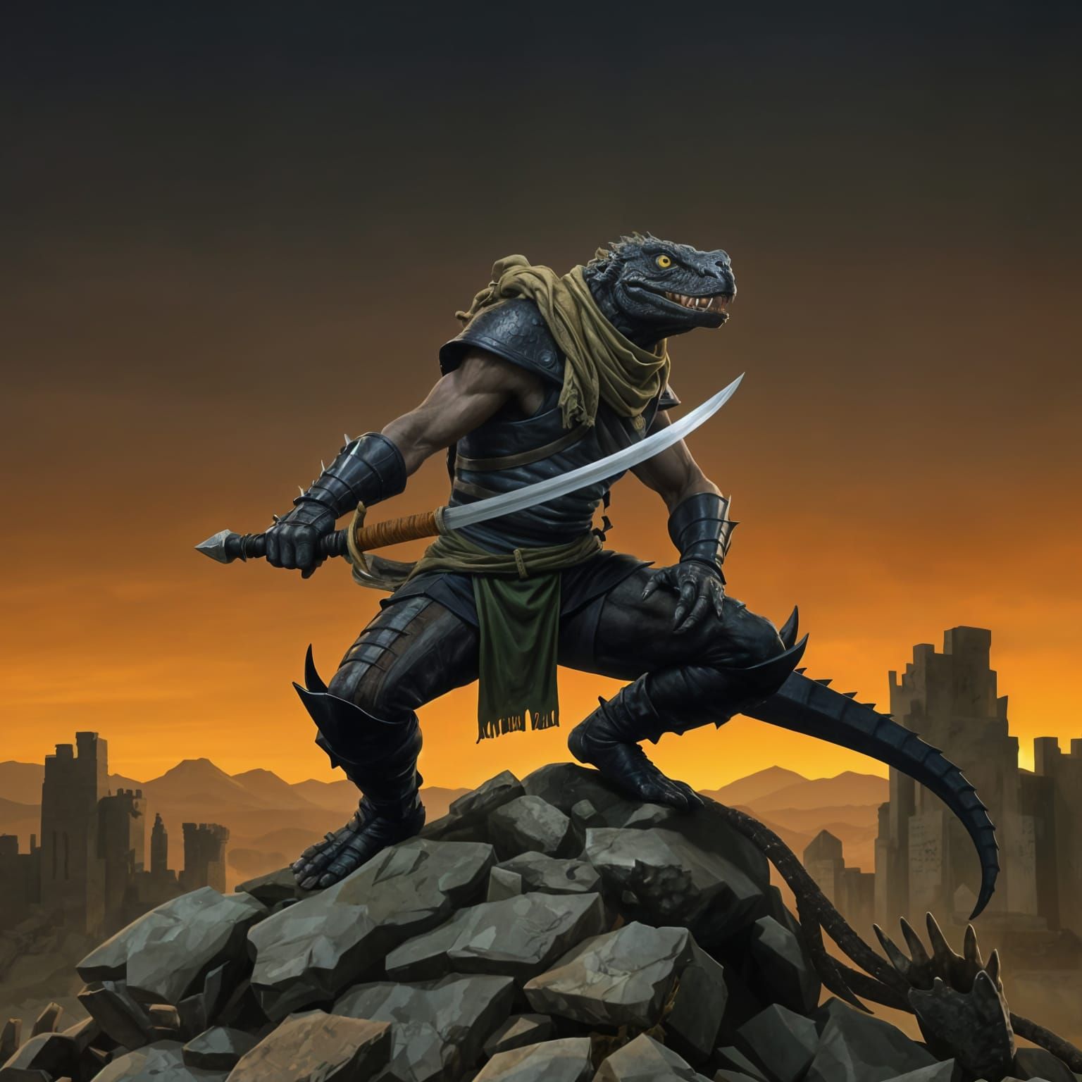 Reptile Ninja Crouching Over Ancient Ruins