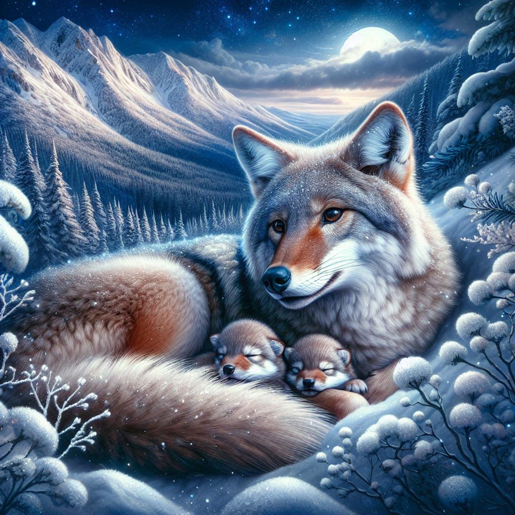 Coyote Family Snuggles in Snowy Mountain Den