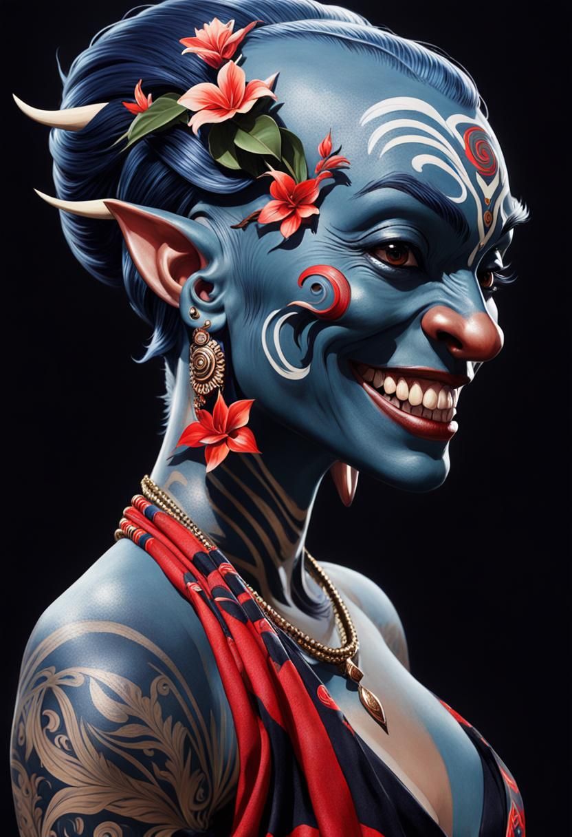 Blue Maori Goblin with Elf-Ears on Beach