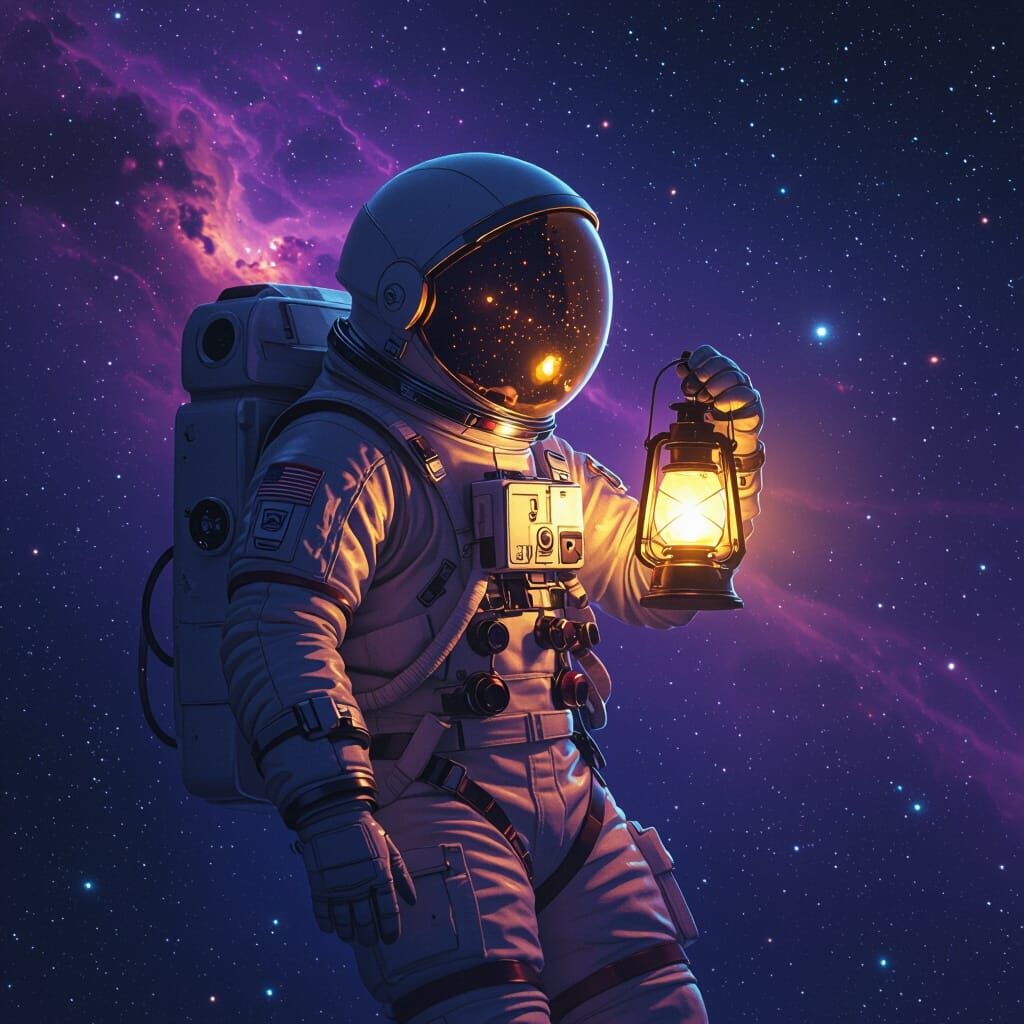 Astronaut Adrift in Space with Glowing Lantern