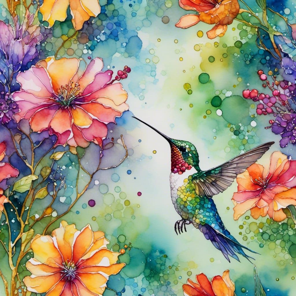 Hummingbird Sipping Nectar From Colourful Flower
