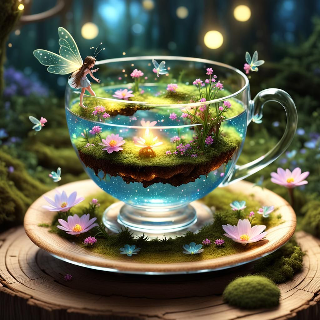 Miniature Fairy Garden in a Teacup: 3D Anime Art