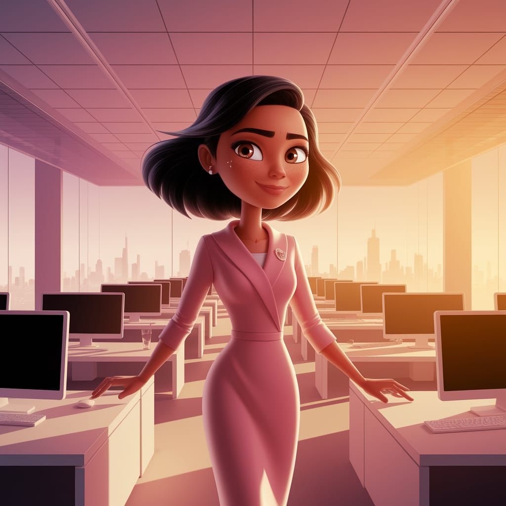 Visionary Leader Embracing AI in Golden Hour Office