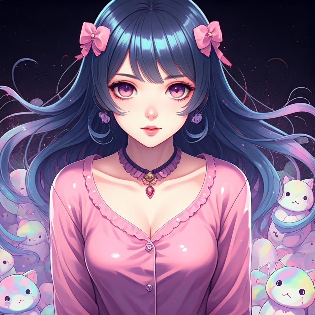 Goth Girl Surrounded by Rainbow Plush Cats in Neon Lighting