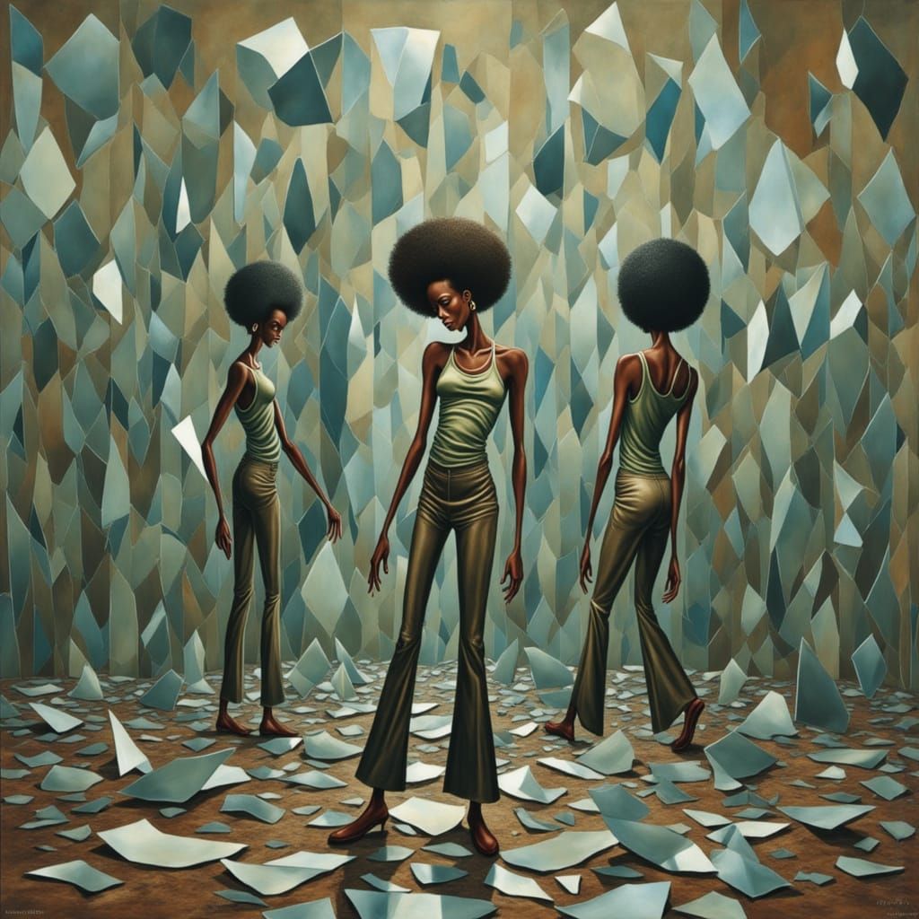 Surreal Woman Reflects Multiple Selves in Shattered Mirror