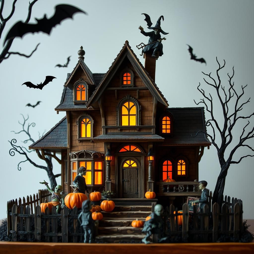 Creepy Haunted House with Witch and Halloween Horrors