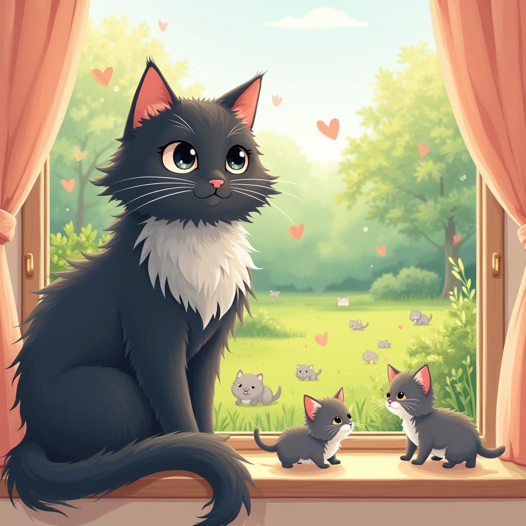 Fluffy Black Cat with Kittens in Kawaii Style