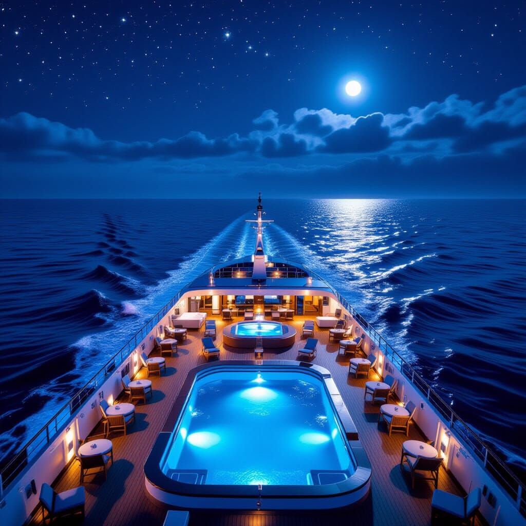 Illuminated Cruise Ship on Starry Ocean in Photorealistic St...