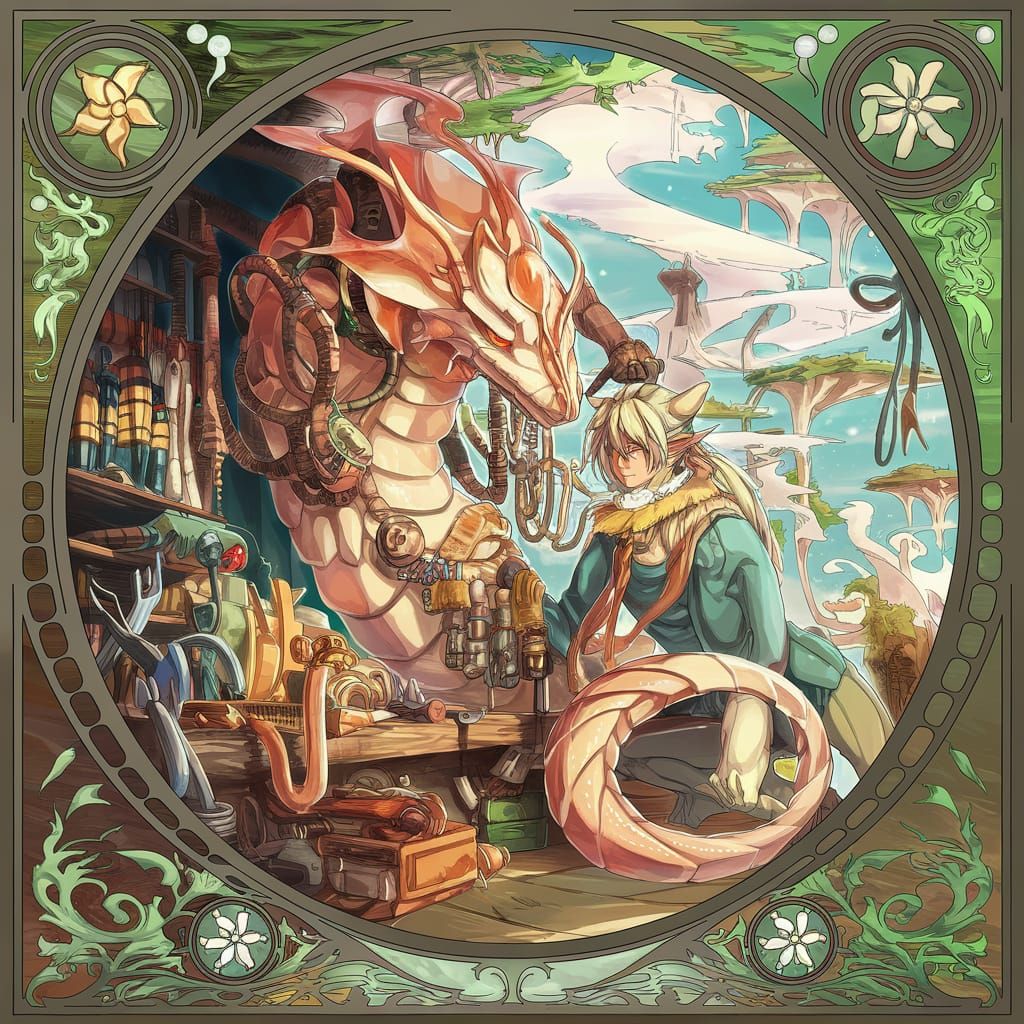 Lizardfolk Artificer's Clockwork Dragon: Anime Art Nouveau