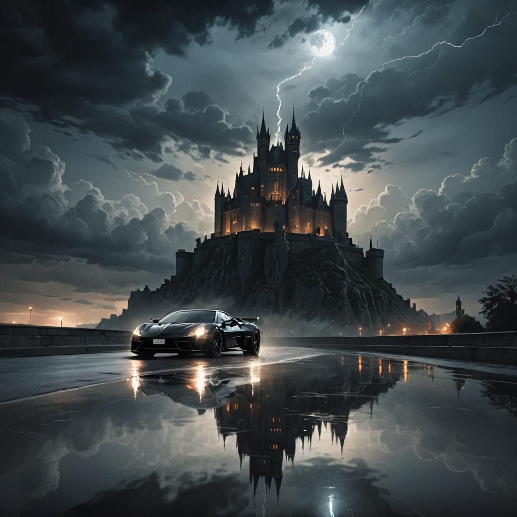 Supercar in Gothic Setting with Moonlit Reflection