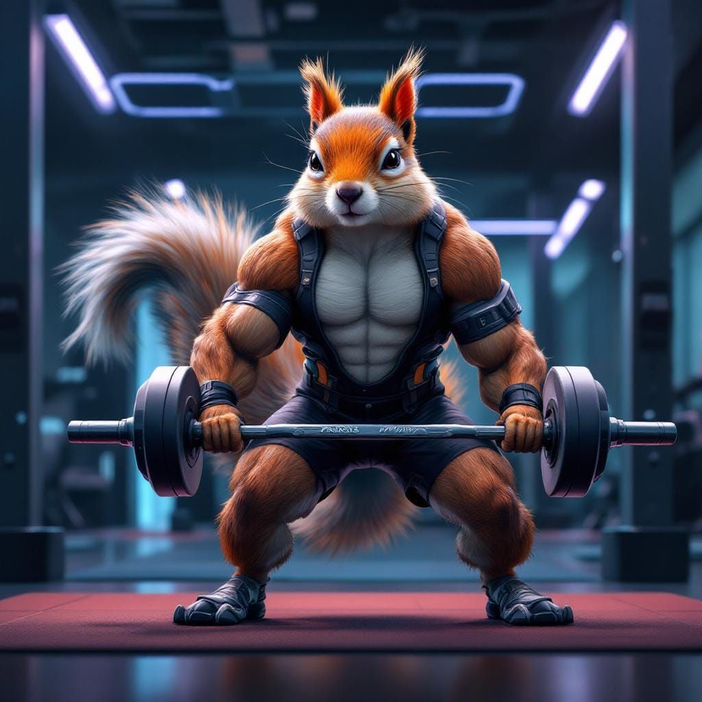 Muscular Squirrel Lifting Weights in Futuristic Gym
