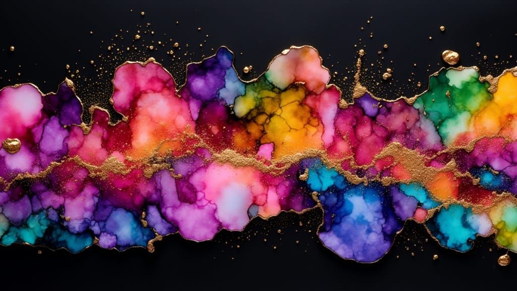 Monochrome Green and Gold Alcohol Inks on Black Paper