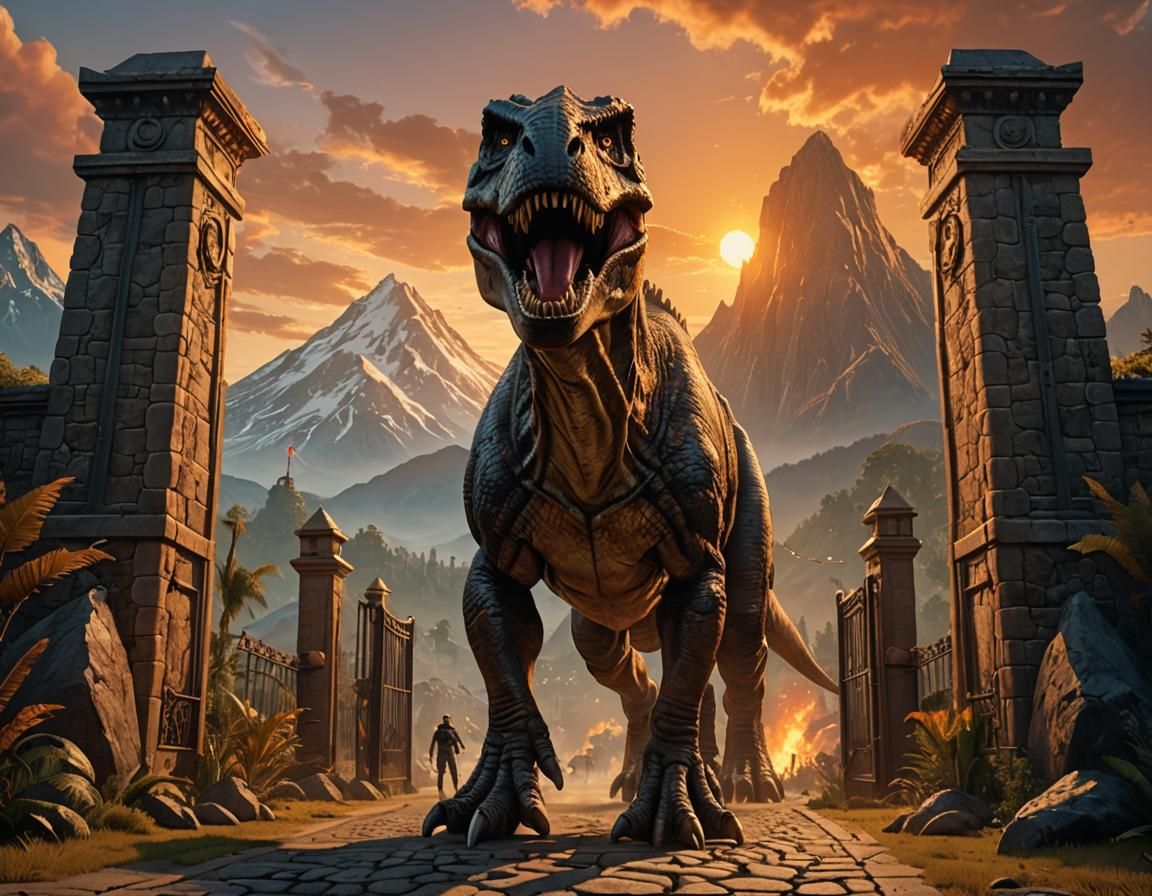 Tyrannosaurus Rex Guards Prehistoric Kingdom Gate