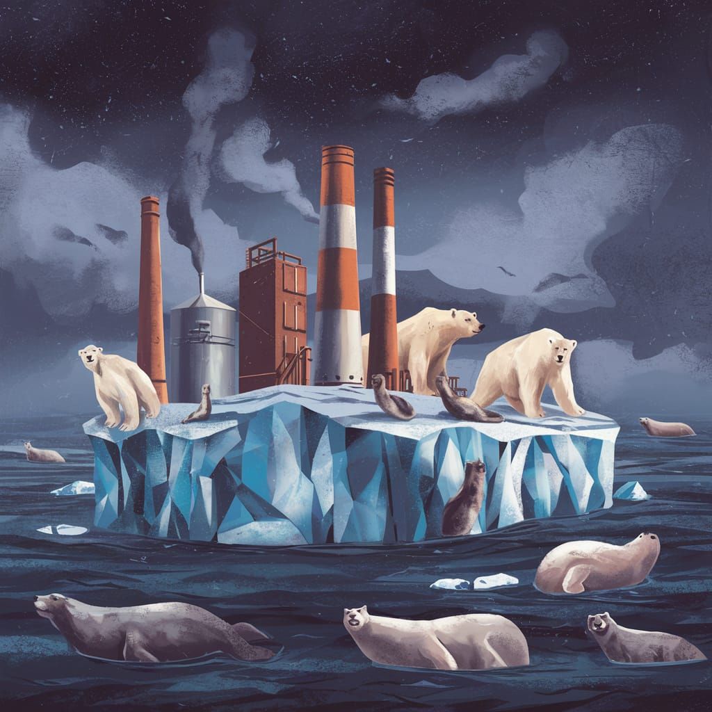Polluting Chimneys on Melting Iceberg With Polar Wildlife