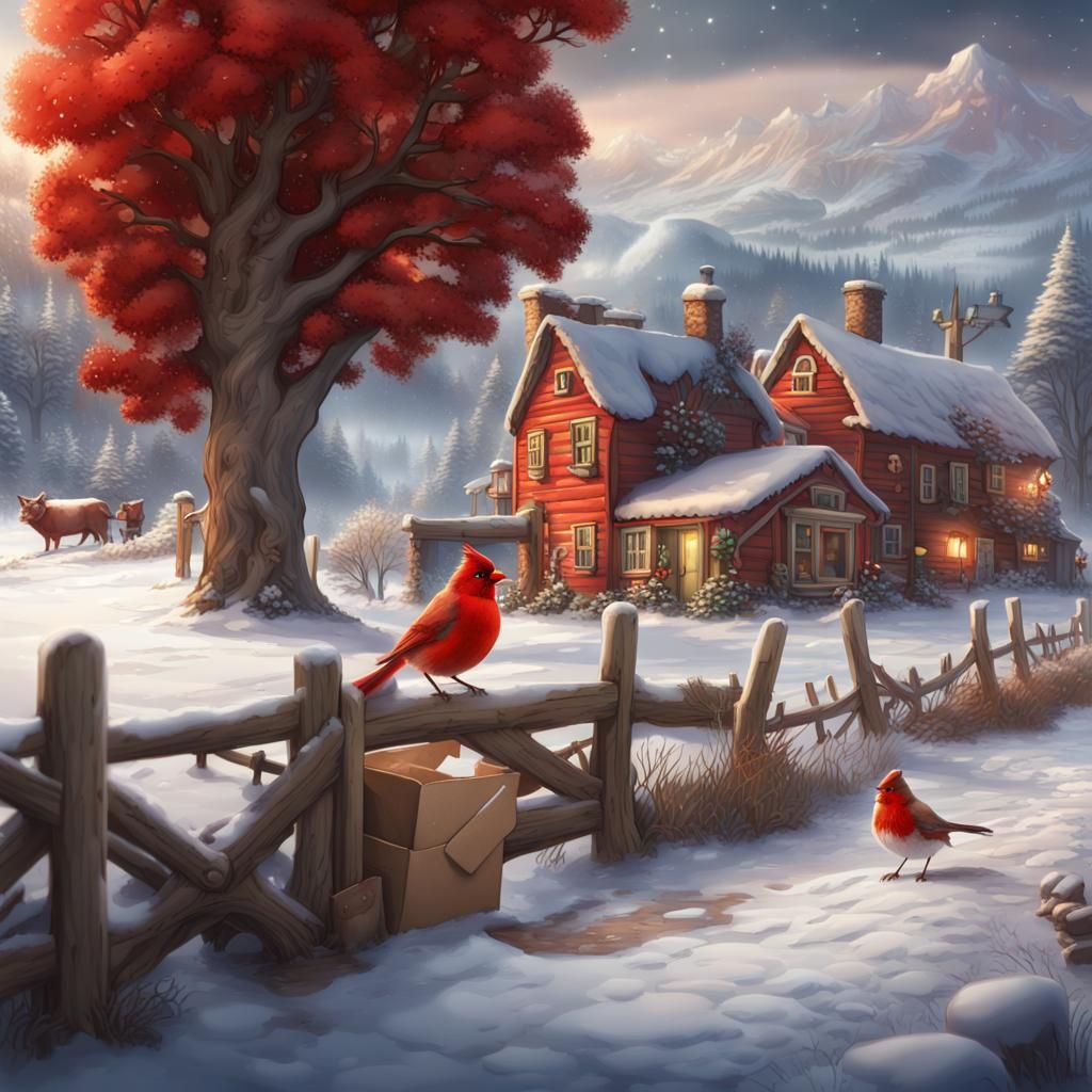 Winter Farm Boy with Red Bird, Matte Painting