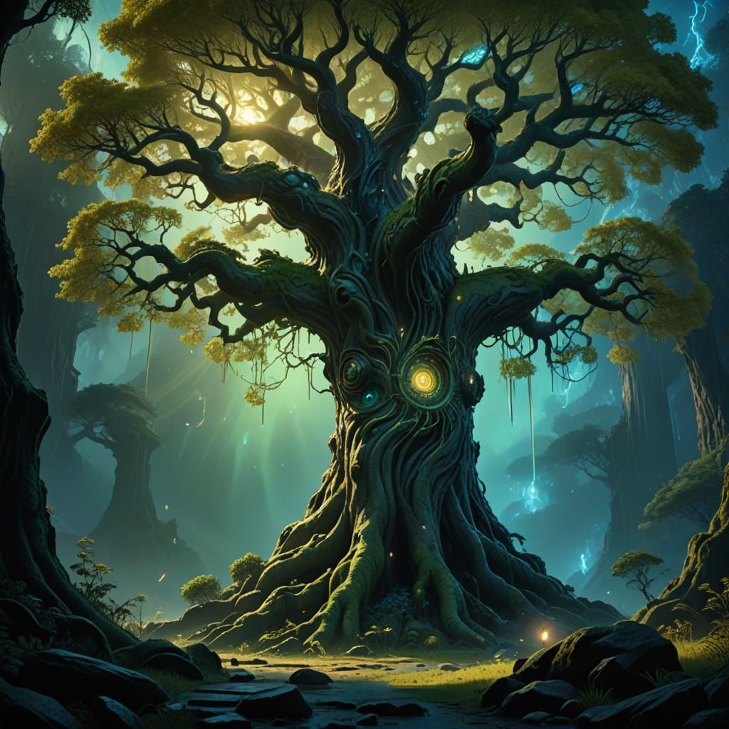 Majestic Ethereal Tree in Soft Green Aura