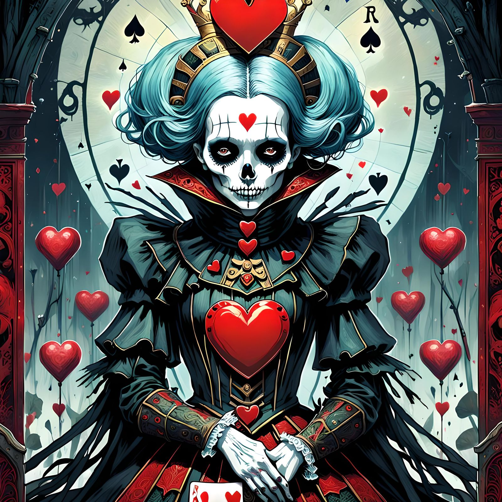 Queen of Hearts Death Tarot Card in Art Nouveau Style