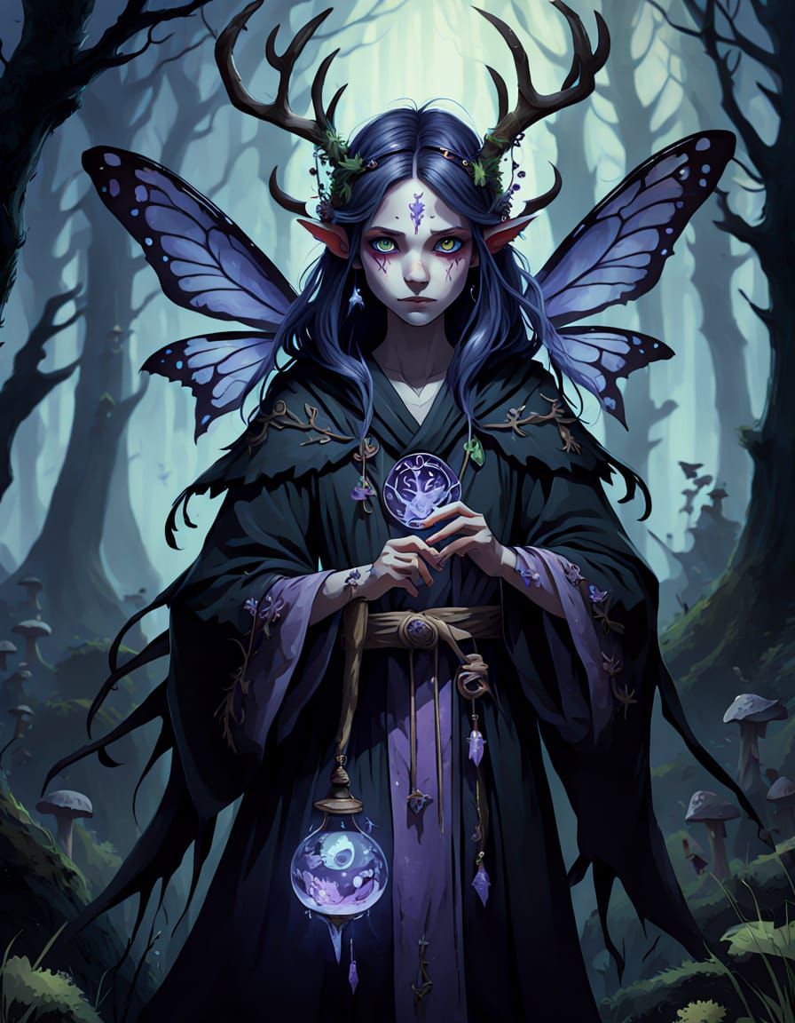 Eerie Fairy in Grave-Glade with Glowing Runes and Bone Charm...