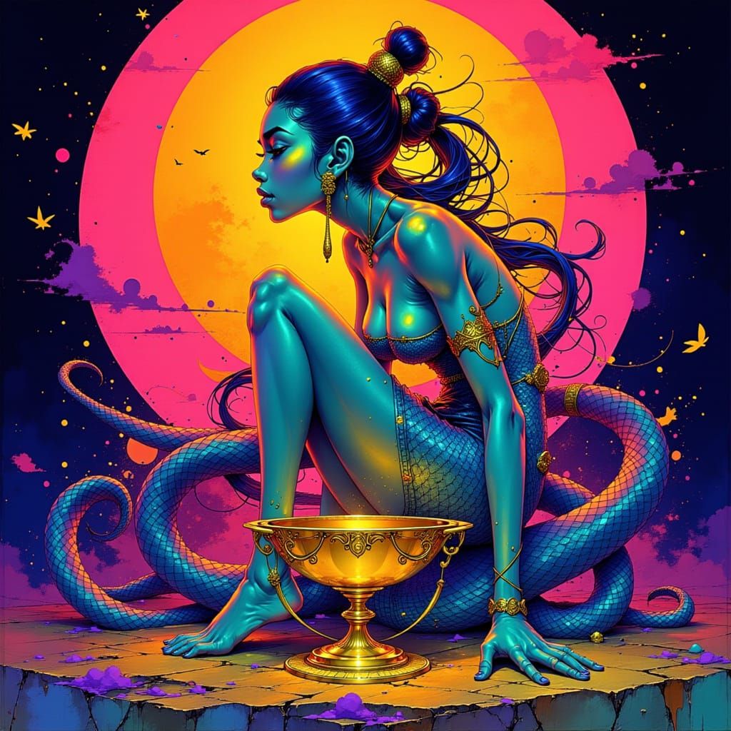 Bioluminescent Genie Coiled Around Golden Lamp