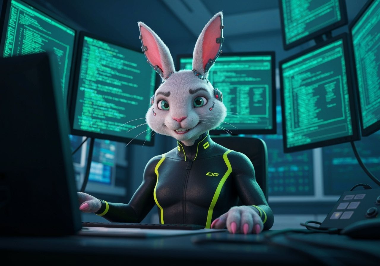 Cybernetic Rabbit Hacker in Futuristic Cyberpunk Environment