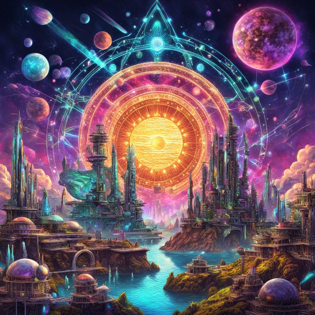 Surreal Solarpunk Village in Cosmic Holographic Style