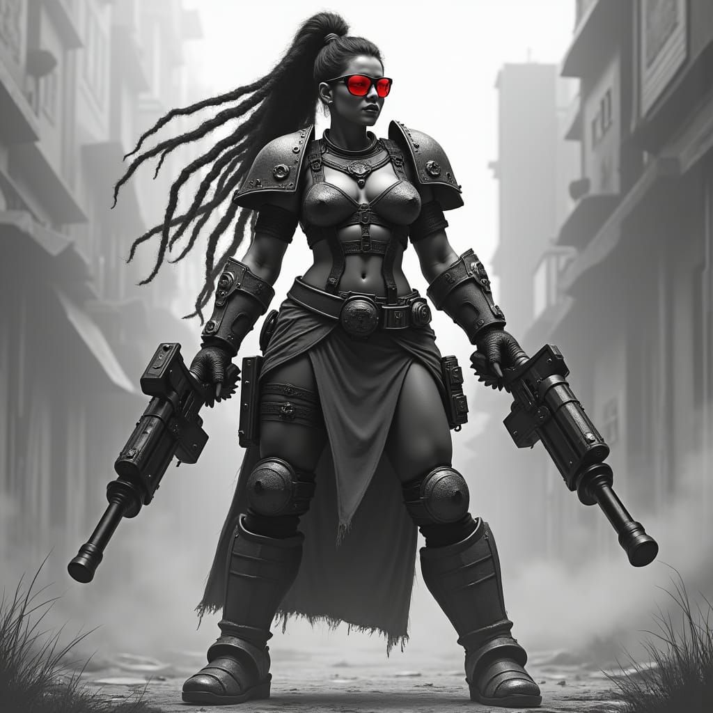Latina Warrior in Gritty Black and White Sci-Fi Armor