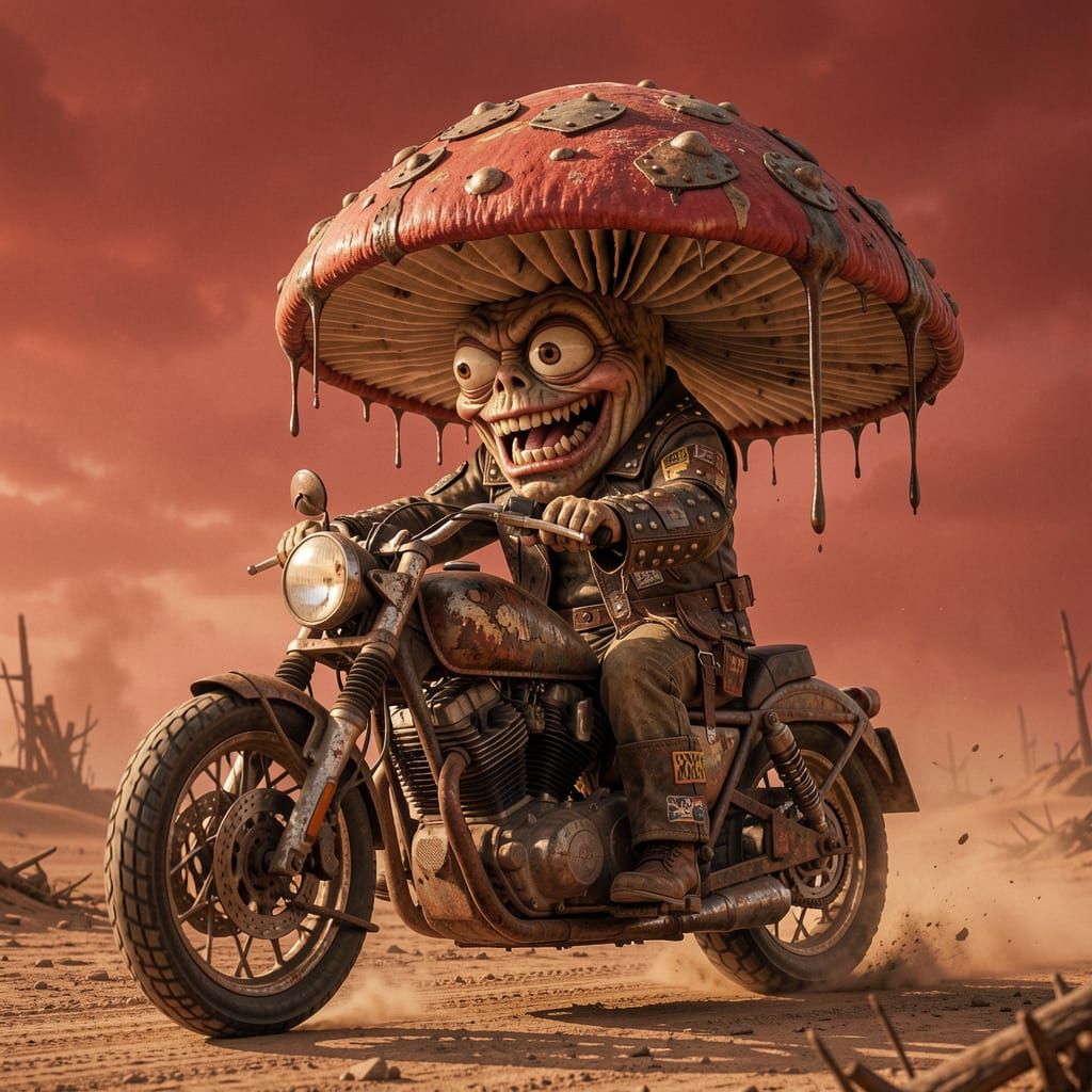 Mushroom Biker in Post-Apocalyptic Desert