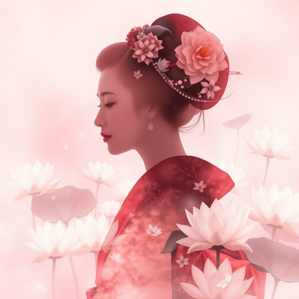 Ethereal Geisha Silhouette with Lotus Flowers in Watercolour...