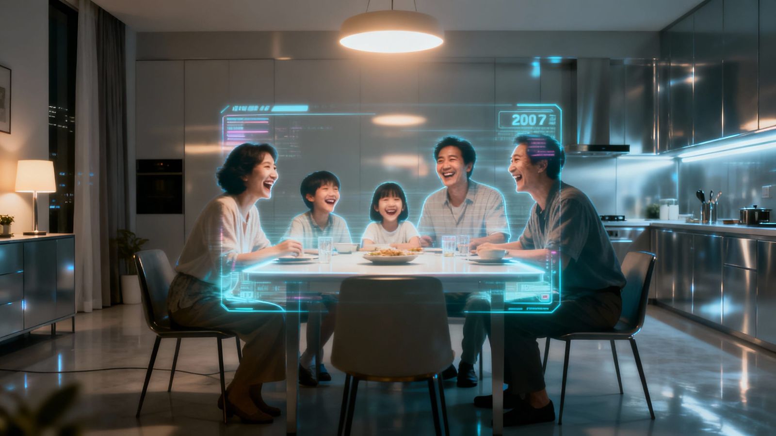 Holographic Family Laughing in Future Neo-Tokyo Apartment