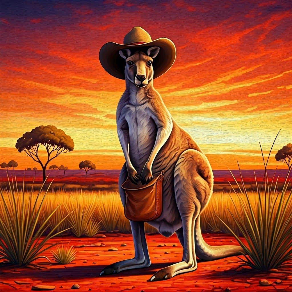 Kangaroo in Outback Sunset: Australian Impressionism