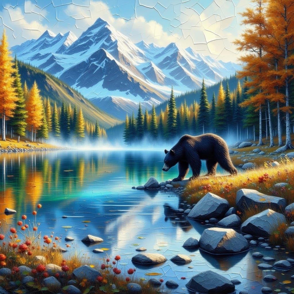 Lake Reflection with Bear in Matte Painting Style
