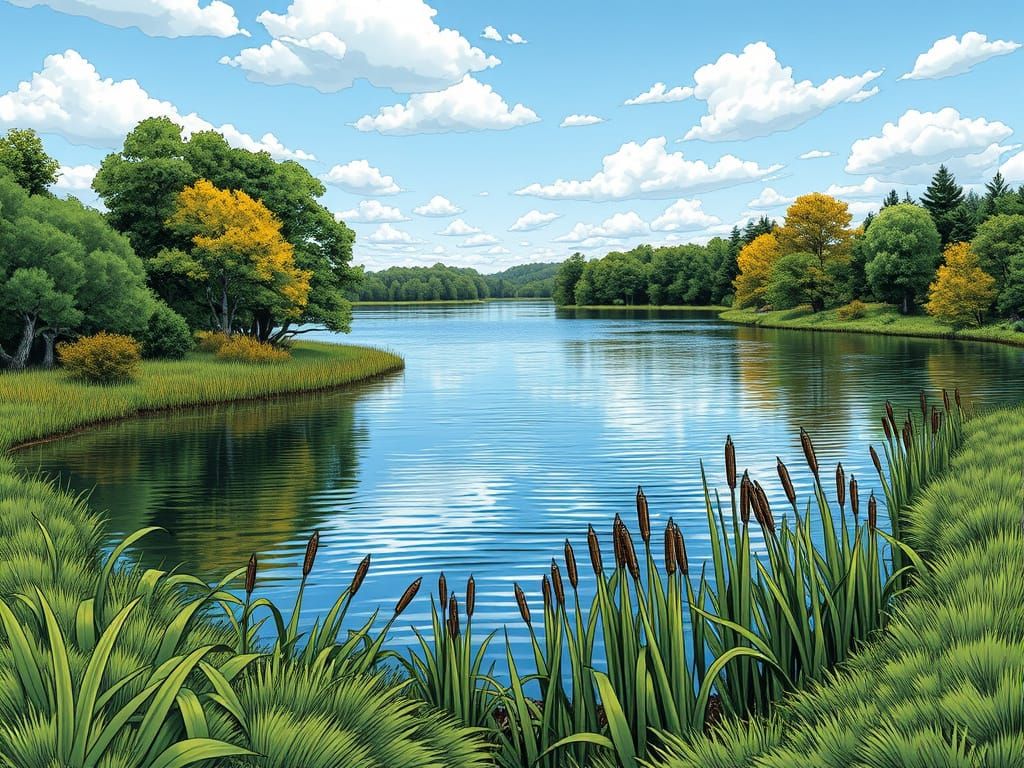 Serene Lake Scene in Vibrant Comic Book Style