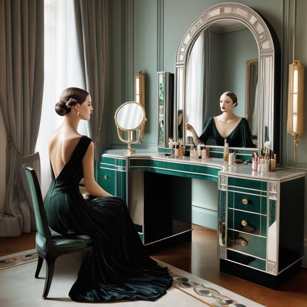 Photorealistic imagery, a full length portrait of Beautiful young Parisian socialite, dressed in Erté style gown she is ...