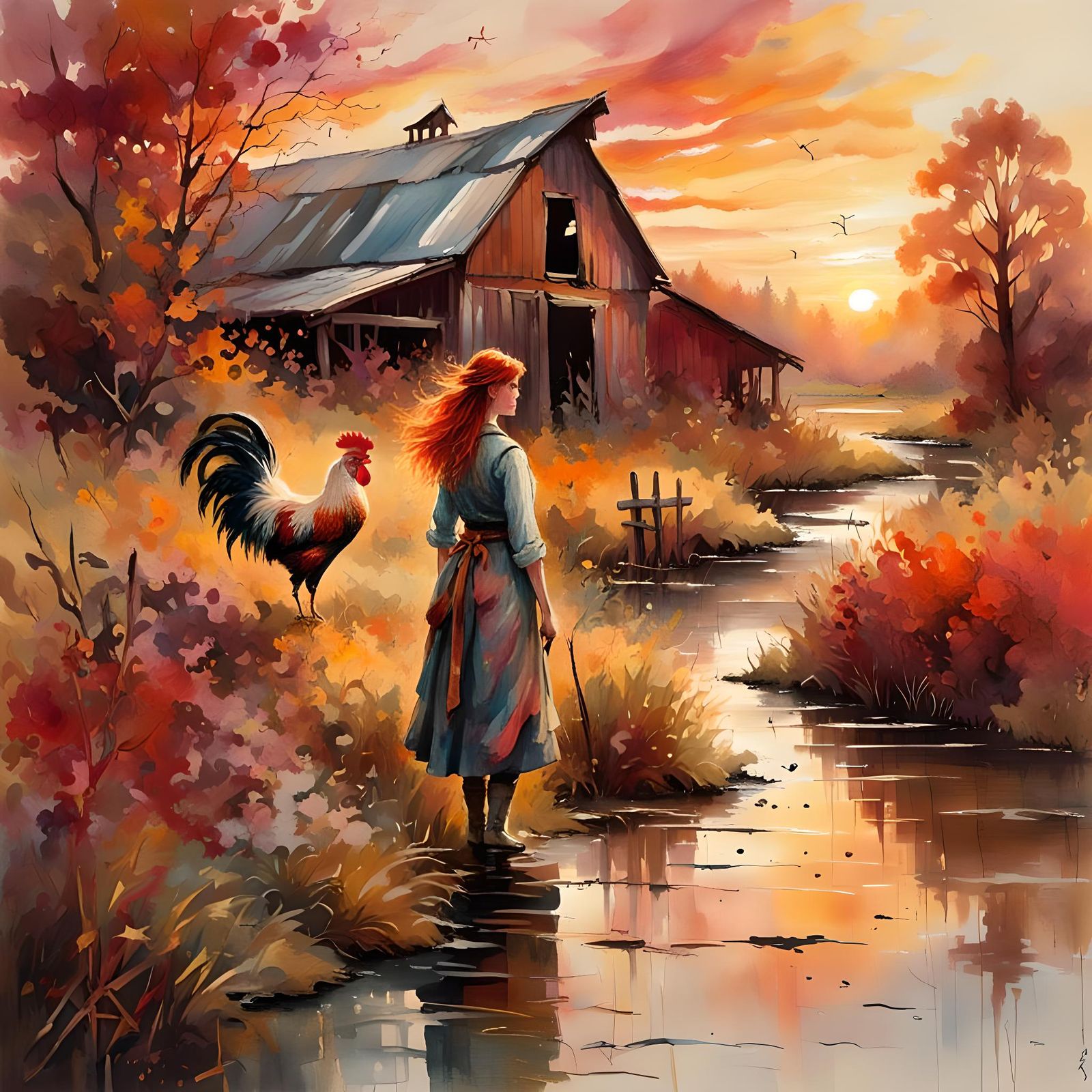 Autumn Farm Sunset: Watercolor Landscape
