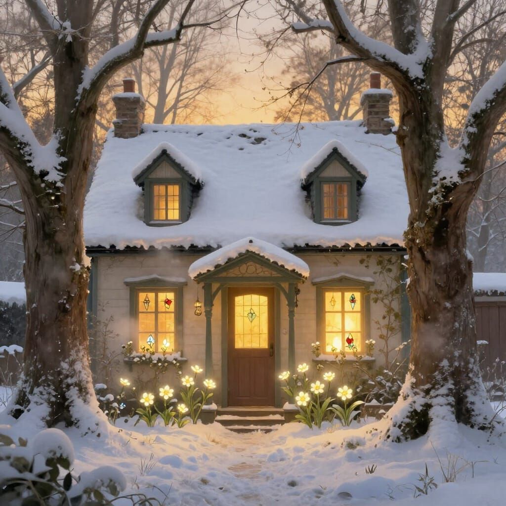 Snowy Cottage Among Gnarled Trees with Glowing Flowers