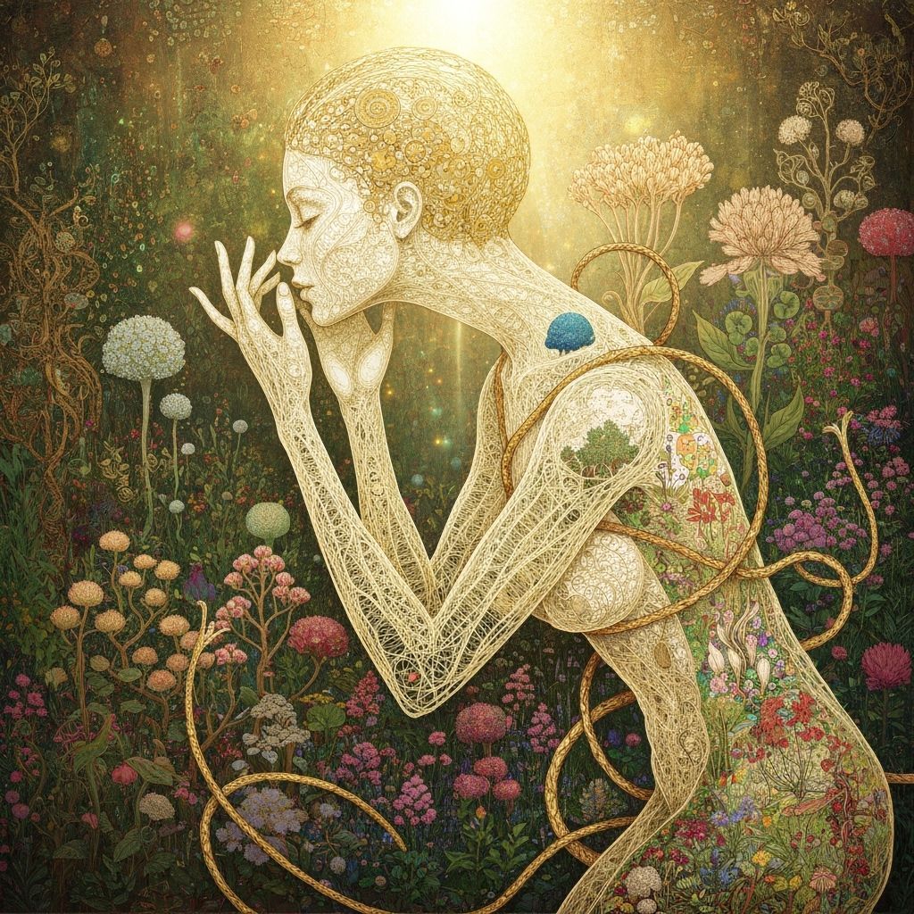 Filigree Woman Kisses Surreal Garden: Concept Art