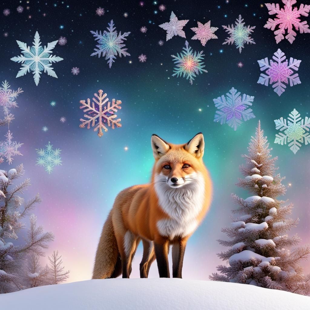 Fox on Snowy Hill with Iridescent Snowflakes