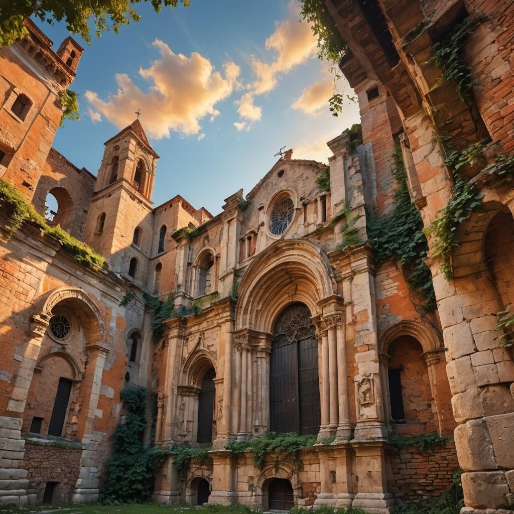 Ruined Church Facade in Verona at Sunset
